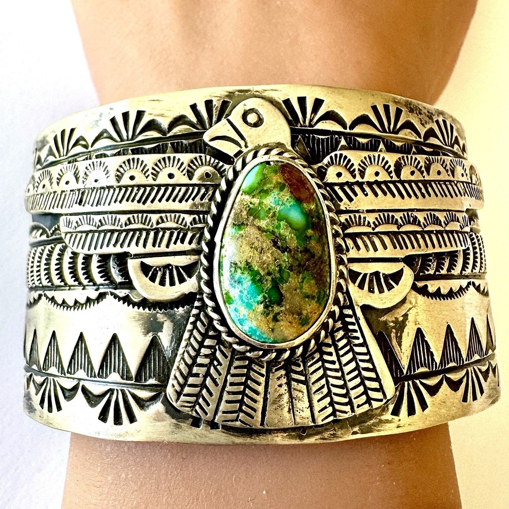 Wide Navajo Thunderbird Turquoise Cuff Bracelet 7in‎ Charles Johnson 88g Stamped